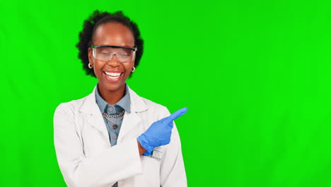 Black-woman,-scientist-and-pointing-on-green