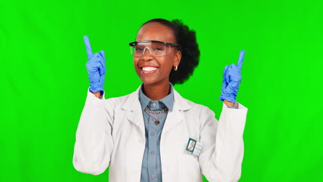 Black-woman,-scientist-and-pointing-up-on-green