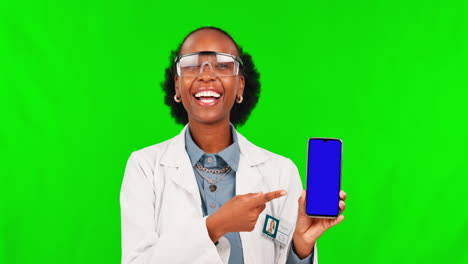 Black-woman,-scientist-and-pointing-to-phone