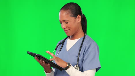Celebrate,-doctor-and-woman-with-a-tablet-on-green