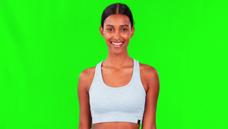 Happy-woman,-fitness-and-pointing-on-green-screen