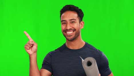 Pointing,-green-screen-and-man-with-yoga-mat