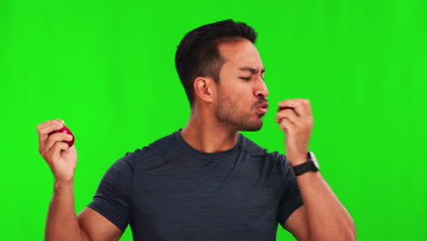 Strong,-health-and-man-with-apple-on-green-screen