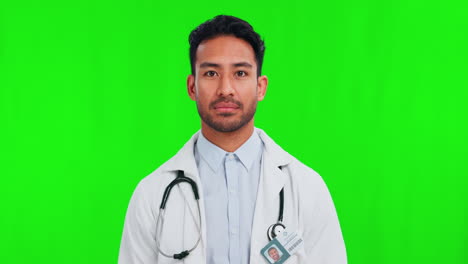 Atención-Médica-Bien,-Cara-Y-Un-Hombre-Asiático-En-Un-Verde