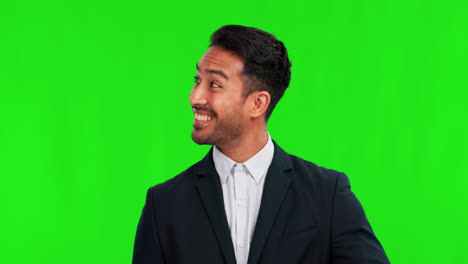 Face,-green-screen-and-man-with-presentation