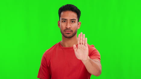 Green-screen,-hand-and-stop-by-man-face-in-studio