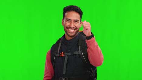 Asian-man,-hiker-and-thumbs-up-on-green-screen