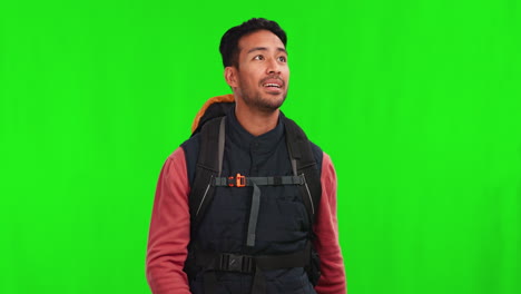 Backpack,-green-screen-and-man-hiking-for-travel