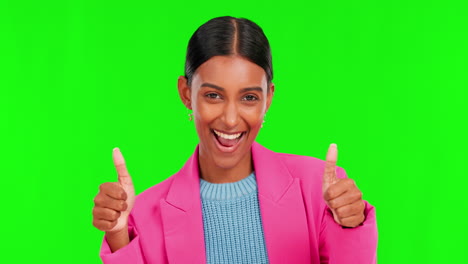 Thumbs-up,-smile-and-face-of-woman-on-green-screen