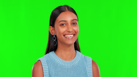 Green-screen,-happy-woman-and-face-wink