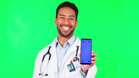 Asian-man,-doctor-and-phone-mockup-on-green-screen
