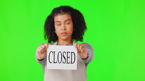 Green-screen,-woman-face-and-closed-sign-in-studio
