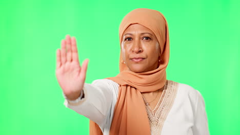Green-screen,-hand-and-stop-by-muslim-woman-face