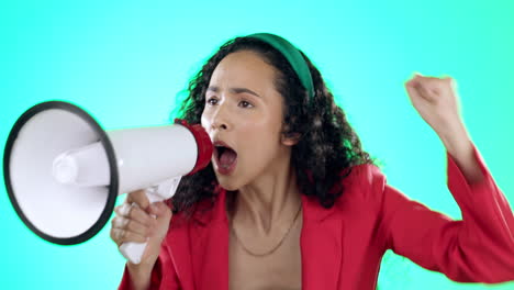 Megaphone,-screaming-and-angry-woman-in-studio