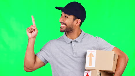 Asian-man,-boxes-and-pointing-on-green-screen