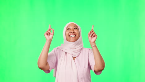 Marketing,-pointing-and-muslim-woman-in-a-studio