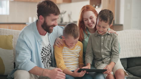 Parents,-children-and-laughing-on-tablet-in-home
