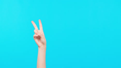 Peace,-hand-and-mockup-on-blue-background-for-sign