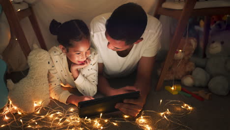 Tent,-father-and-girl-on-tablet-at-night-watching