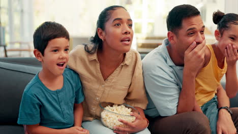 Shock,-TV-and-excited-family-on-sofa-with-popcorn