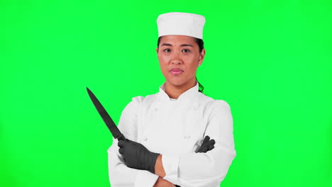 Portrait,-woman-and-chef-portrait-with-a-knife