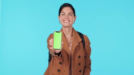 Green-screen-phone,-ok-or-happy-woman-point