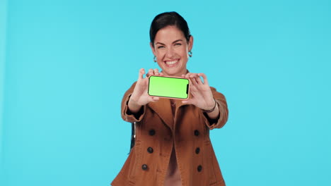 Green-screen-phone,-okay-and-happy-woman-point