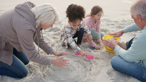 Girls,-playing-and-grandparents-with-beach-sand