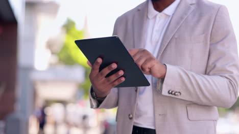 City,-closeup-and-man-with-tablet