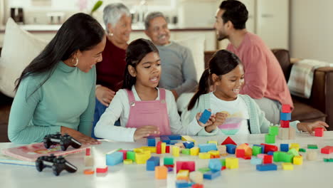 Girl-kids,-table-and-building-blocks-with-mother