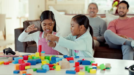 Girl-kids,-table-and-building-blocks-with-play