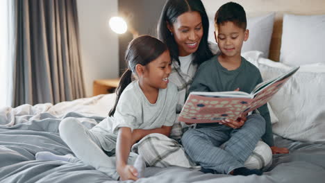 Mom,-children-and-book-for-reading-on-bed