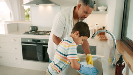 Teaching,-father-or-kid-washing-dishes