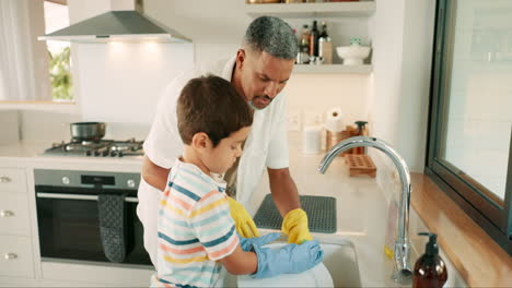 Teaching,-dad-or-child-washing-dishes-with-support
