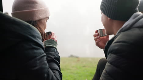 Cheers,-camping-and-couple-drinking-coffee