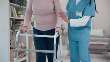 Caregiver,-hands-or-elderly-woman-walking