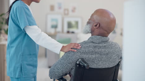 Senior-man,-wheelchair-and-support-with-nurse-help
