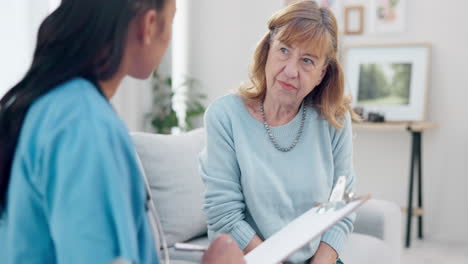 Checklist,-senior-and-woman-talking-to-nurse