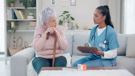 Clipboard,-senior-woman-and-nurse-talking