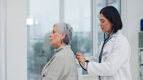 Senior-woman,-doctor-and-stethoscope-on-back-to