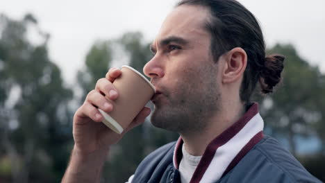 Coffee-cup,-nature-and-face-of-man-smell-drinks