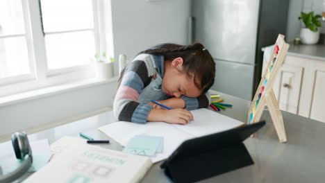 Home-school,-sleep-and-tired-child-with-tablet