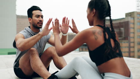 Young-couple,-crunch-workout-and-outdoor-on-roof