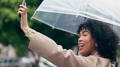 Phone,-happy-and-umbrella-with-a-woman-in-the-city
