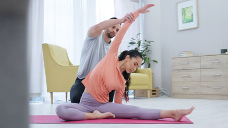 Fitness,-stretching-and-couple-for-support-in-home
