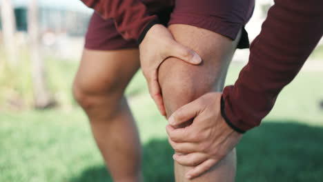 Runner,-knee-pain-and-fitness-outdoor-with-injury