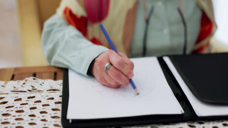 Hand-holding,-writing-and-senior-woman-draw-clock