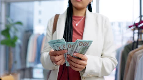 Woman,-counting-money-and-bills-with-dollars