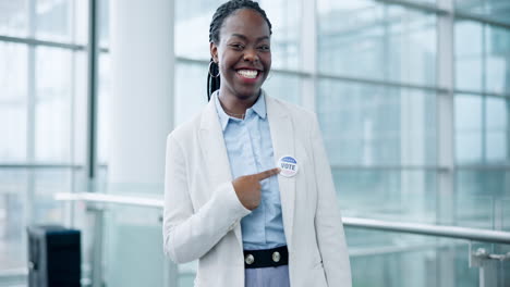 Black-woman-voter,-pin-and-choice-in-election