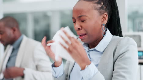 Allergies,-sneeze-or-sick-black-woman-in-office